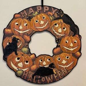Halloween Pumpkin Wreath with Black Cats